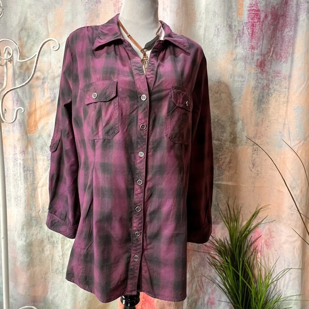 πRed Haute Western Cotton Plaid Long Roll Up Sleeves